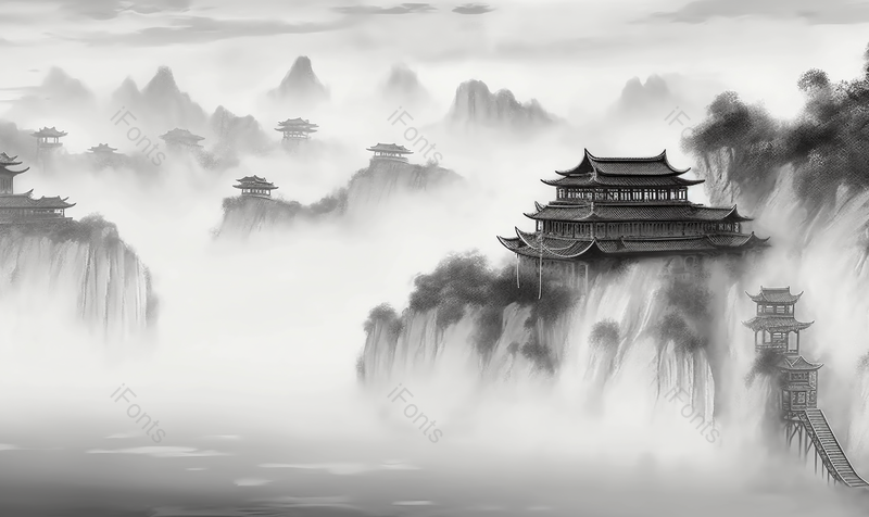 中国风经典黑白色水墨山水画云雾缭绕的山上的古风房屋建筑平静的湖泊手绘插画,插画/手绘图,插画/手绘图库,插画/手绘图下载,插画/手绘